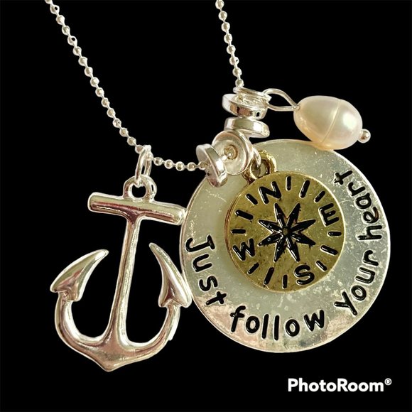 Nautical Compass Anchor Pearl Pendant Necklace Silver Plated 19" Freshwater - Picture 6 of 12
